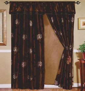 Beautiful New Brown Flocking Curtain / Drape Set + Valance + Backing + Tie Backs