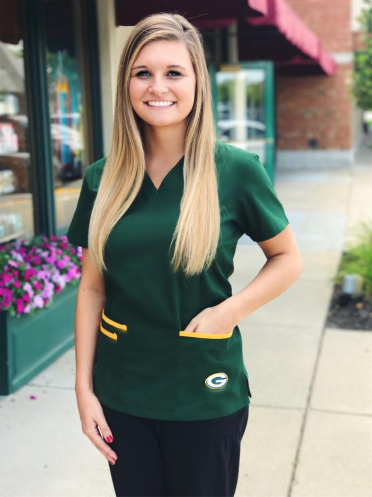 Licensed Green Bay Packers Mock Wrap Scrub Top For Women