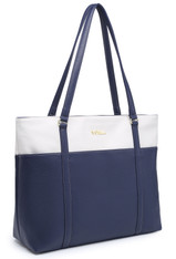 NNEE Classic Laptop Leather Tote Bag for 15 15.6 inch Notebook Computers Travel Carrying Bag with Smart Trolley Strap Design - Navy