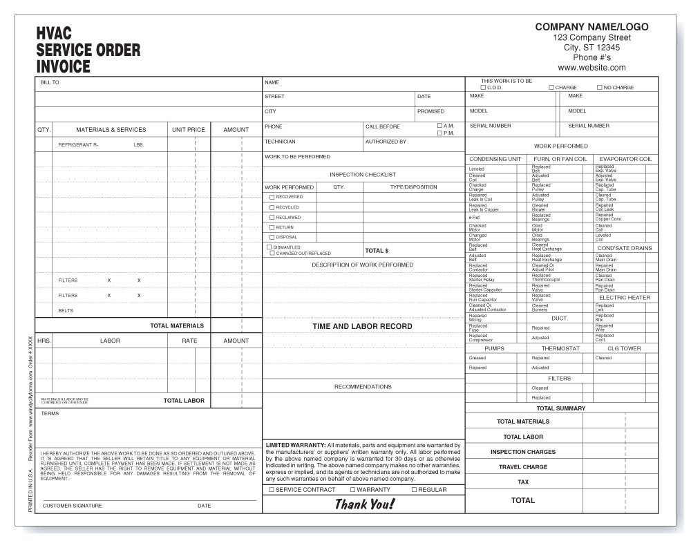 HVAC Service Order Invoice Version 1 Windy City Forms