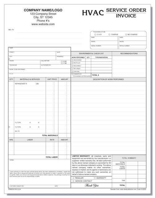 HVAC Service Order Invoice Version 2 Windy City Forms