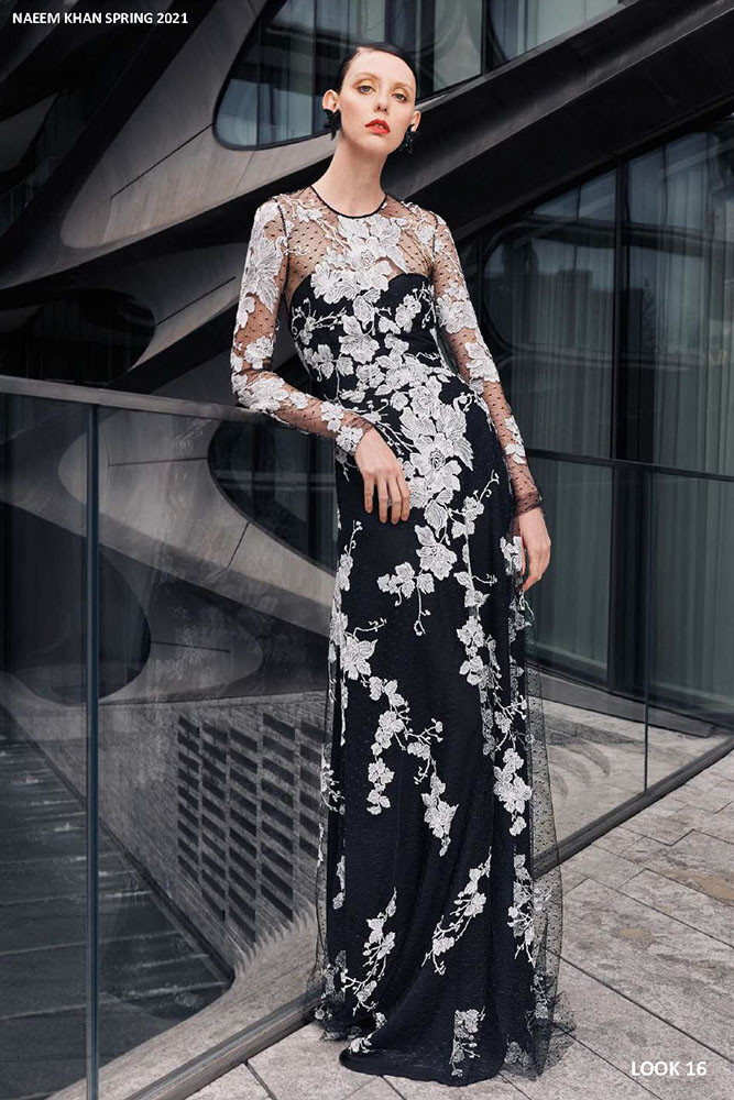 Naeem Khan Black/White Floral Lace Gown - Vivaldi Boutique