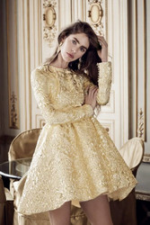 Yolan Cris Short Long-Sleeved Dress in Gold Brocade