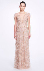Marchesa Feather-Embellished Tulle Gown