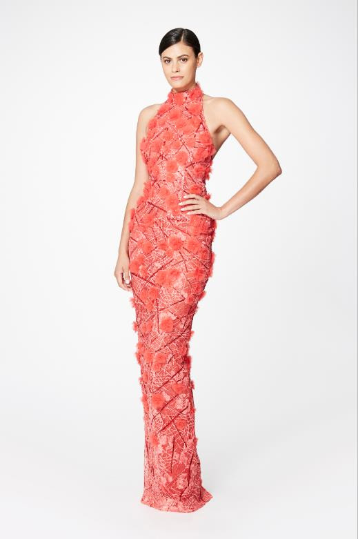 Pamella Roland Coral Multi 3D Tulle and Sequin Embroidered Lace Halter Gown  - Vivaldi Boutique