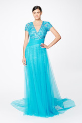 Pamella Roland Turquoise 3D Tulle and Sequin Embroidered Lace Gown