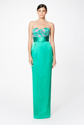 Pamella Roland Emerald Multi Stretch Satin Strapless Gown w/ Crystal Embroidered Bodice