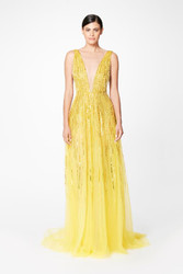 Pamella Roland Citron Linear Sequin Beaded Gown