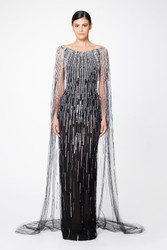 Pamella Roland Black/Silver Linear Sequin Beaded Caped Gown