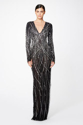 Pamella Roland Black/Silver Swirling Sequin and Crystal Embellished V-Neck Gown