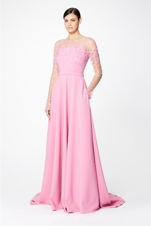 Pamella Roland Rosé Stretch Crepe Gown w/ Pearl and Floral Sequin  Embroidered Bodice - Vivaldi Boutique