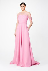 Pamella Roland Rosé Stretch Crepe Gown w/ Pearl and Floral Sequin Embroidered Bodice