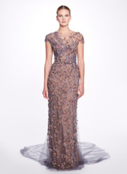 Marchesa Illusion Tulle Neckline Crystal Embroidered Sheath Gown