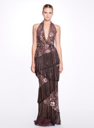 Marchesa Halter Neck Tiered Thread and Beaded Fringing Sheath Gown