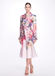 Marchesa Painterly Floral Printed Satin Twill Tea Length Shirt-Dress