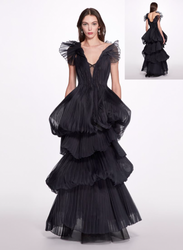 Marchesa Strapless Multi-Tiered Pleated Mesh Gown