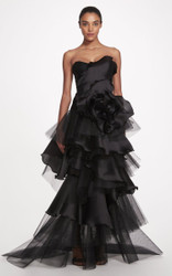 Marchesa Spring 2023 Black Strapless Satin-Faced Organza Tiered Gown