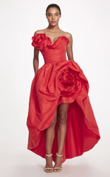 Marchesa Spring 2023  Red Strapless Draped Rose Accented Faille Ball Gown