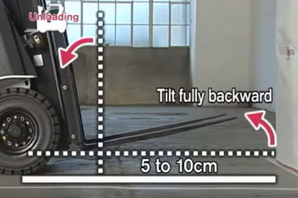 Unloading: Lowering forks 5-10 cm Above Ground and Tilting Backward