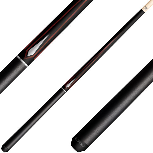 KODA KD47RD Pool Cue Matte Black with Four Red Points and Silver Diamond Overlays - Simulated Wrap
