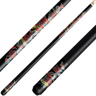 KODA KDV20 Pool Cue Metallic Black with Tattoo-Inspired Hearts, Roses, Butterflies, Birds and 8 Ball Graphic Overlay - Irish Linen Wrap