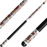 KODA KDV20WH Pool Cue Glossy White with Tattoo-Inspired Hearts, Roses, Butterflies, Birds and 8 Ball Graphic Overlay - Irish Linen Wrap