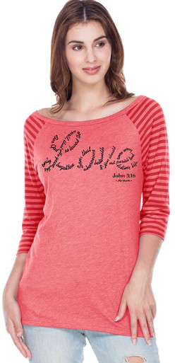 John 3:16 Love on a Red Striped Raglan