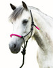 NOTE: The original of this product image was supplier-provided and is a good example of how NOT to tie the halter knot (please note proper knot tying and halter fitting in the second & third pictures here). This halter should also ideally be tied a little more snugly beneath the horse's jaw.