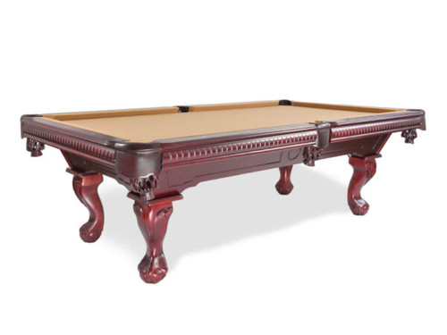 Table Size: 	8’
Finish: 	Mahogany or Mocha
Pockets: 	Leather Shield or Fringe
Cloth: 	Different color options available, photographed with Camel
Sights: 	Diamond
Leg: 	Ball & Claw
Blinds: 	Dentil molding