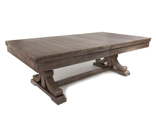 Table Size: 	7’ or 8’
Finish: 	Weathered Oak
Pockets: 	Leather Drop Pockets
Cloth: 	Different color options available, photographed with Steel Gray
Sights: 	Round Metal Silver
Leg: 	One-piece pedestal style
Coordinating Product: 	Dining top, Bench, 12’ Shuffleboard, Pub table and stools, Spectator Chair, Wall rack