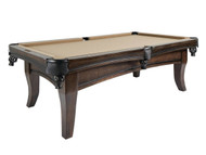 Table Size: 	7′, 8’, 9′
Finish: 	Gray Walnut
Pockets: 	Leather Shield or Fringe
Cloth: 	Different color options available, photographed with Khaki
Sights: 	Diamond
Leg: 	Transitional post legs
Coordinating Products: 	Pub Table and Stools, Spectator Chair, Wall Rack, Dartboard Cabinet