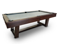 Table Size: 	8’
Finish: 	Ash Brown
Pockets: 	Drop pockets
Cloth: 	Different color options available, photographed with Steel Gray
Sights: 	Double Inlay Mother of Pearl
Leg: 	One-piece pedestal arc-shaped
Matching Product: 	12’ Shuffleboard, Dining top, Bench