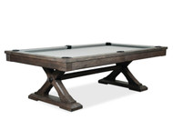 Table Size: 	7’ or 8’
Finish: 	Charcoal Brown
Pockets: 	Leather Drop Pockets
Cloth: 	Different color options available, photographed with Steel Gray
Sights: 	Round Metal Silver
Leg: 	One-piece pedestal X-style
Coordinating Product: 	Dining top, Bench, 12’ Shuffleboard with option of buffet top, Spectator Chair, Wall rack