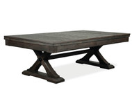 Table Size: 	7’ or 8’
Finish: 	Charcoal Brown
Pockets: 	Leather Drop Pockets
Cloth: 	Different color options available, photographed with Steel Gray
Sights: 	Round Metal Silver
Leg: 	One-piece pedestal X-style
Coordinating Product: 	Dining top, Bench, 12’ Shuffleboard with option of buffet top, Spectator Chair, Wall rack