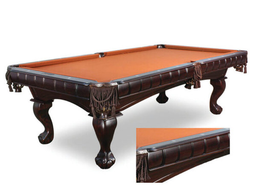 Table Size: 	7’ or 8’
Finish: 	Dark Chocolate
Pockets: 	Shield or Fringe
Cloth: 	Different color options available, photographed with Aztec
Sights: 	Diamond
Leg: 	Ball & Claw or Tapered