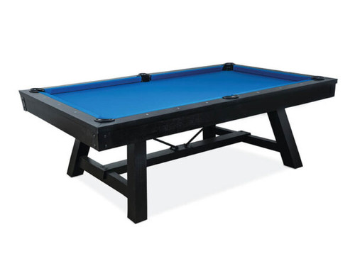 Table Size: 	7’ or 8’
Finish: 	Black
Pockets: 	Leather Drop Pockets
Cloth: 	Different color options available, photographed with Euro Blue
Sights: 	Diamond
Leg: 	Transitional
Coordinating Product: 	Cue rack