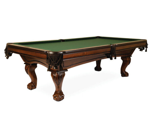 Table Size: 	7’ or 8’
Finish: 	Walnut
Pockets: 	Shield or Fringe
Cloth: 	Different color options available, photographed with English Green
Sights: 	Diamond
Leg: 	Ball & Claw