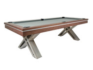 Table Size: 	8’
Finish: 	Natural Walnut
Pockets: 	Drop pockets
Cloth: 	Different color options available, photographed with Steel Gray cloth
Sights: 	Double Diamond
Leg: 	One-piece pedestal metal legs
Matching Product: 	12’ Shuffleboard, Dartboard cabinet