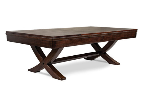 Table Size: 	8’
Finish: 	Ash Brown
Pockets: 	Drop pockets
Cloth: 	Different color options available, photographed with Steel Gray
Sights: 	Double Diamond
Leg: 	One-piece pedestal arc-shaped
Matching Product: 	12’ Shuffleboard, Dining top, Bench
