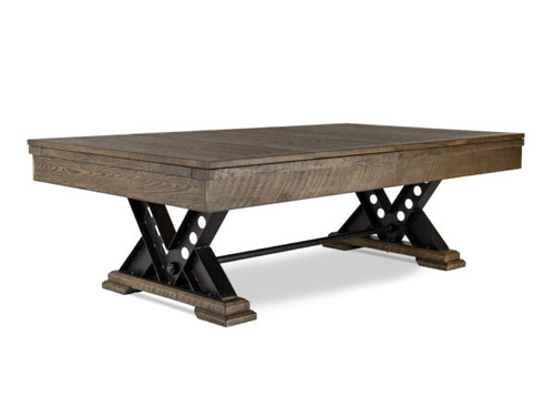 Table Size: 	8’
Finish: 	Silvered Oak
Pockets: 	Leather Drop Pockets
Cloth: 	Different color options available, photographed with Steel Gray
Sights: 	Black Diamond Metal
Leg: 	Black metal V-shaped legs
Coordinating Product: 	Dining top, 12’ Shuffleboard, Poker table, with reversible dining top
