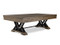 Table Size: 	8’
Finish: 	Silvered Oak
Pockets: 	Leather Drop Pockets
Cloth: 	Different color options available, photographed with Steel Gray
Sights: 	Black Diamond Metal
Leg: 	Black metal V-shaped legs
Coordinating Product: 	Dining top, 12’ Shuffleboard, Poker table, with reversible dining top