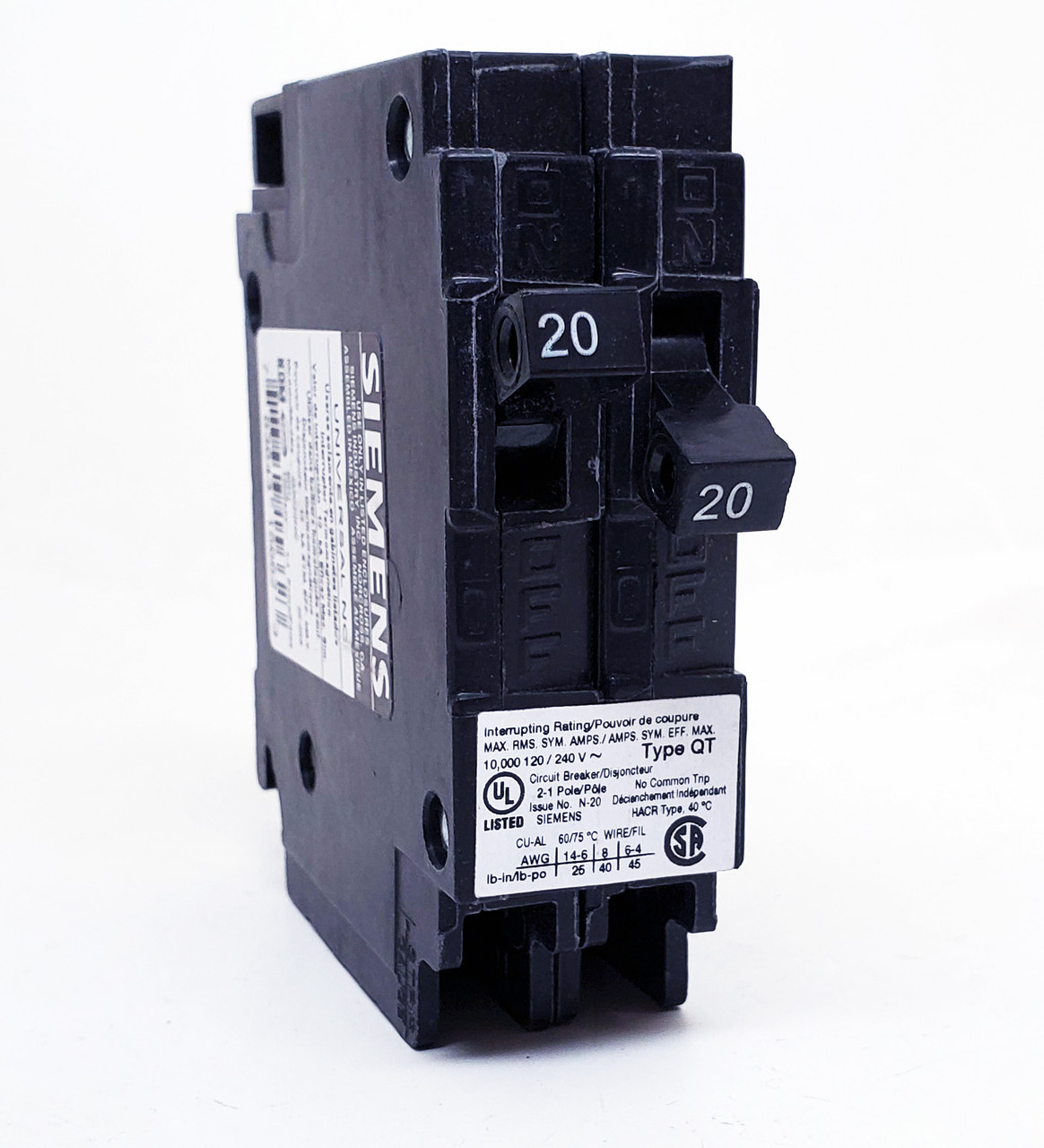 Siemens Q2020NC QT 20/20A Twin Pole 120/240V Circuit Breaker