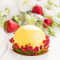 Fruit mousse cakes decorated with yellow glaze coating and freeze-dried strawberries on green spinach biscuit