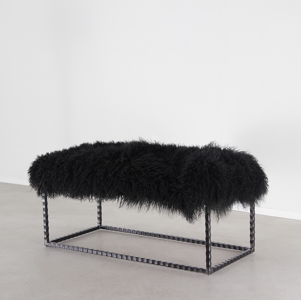 As shown: Textura Mongolian Bench
Dimensions: 40 x 18 x 18 H inches
Materials: Mongolian Hide, Steel
Color: Black