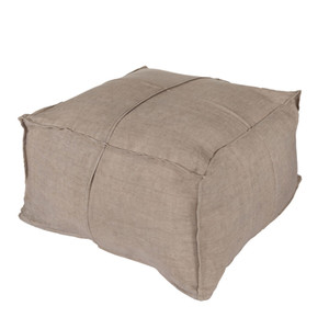 As Shown: Summer Cottage Linen Pouf - SLPH-004
Size: 24 x 24 x 13 H inches
Material: Linen
Color: Natural

Description: These classic linen poufs are densely packed with shredded cotton to create a soft, firm seat or sturdy cushion for a tray of treats. Available in natural or sky blue, the exposed French seaming intensifies the informal style and quadratic interest.