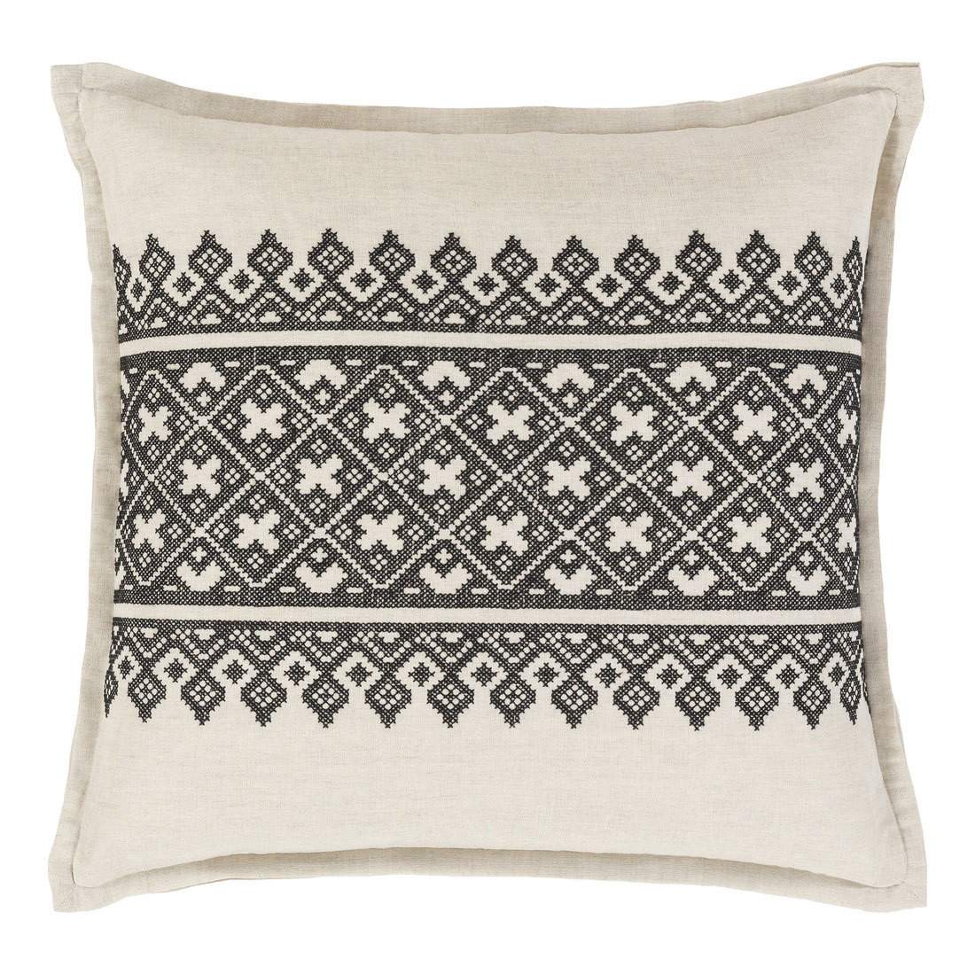 As Shown: Old World Pillow - PEN-002
Size: 18 x 18 inches
Material: Linen cotton blend in Black

Description: The cross-stitch motif of squares and triangles in this linen/cotton pillow straddles the old-world and the new. Quality craftsmanship from India speaks to the intricate, yet simple pattern in your choice of sizes and four colors. Charmingly filled with a removable inner of feather and down.