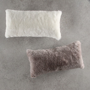 As Shown: Genuine Sheared Sheepskin Pillow
Size: 11 x 22 inches
Material: Sheepskin Wool in Grey and White