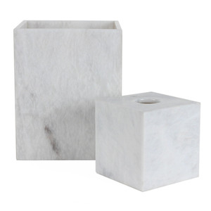 White Marble Waste Bin & Tissue Box
5.25 x 5.25 x 5.5 H inches - Tissue Box 
8 x 8 x 10 H inches - Waste Bin
Marble