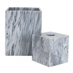Grey Marble Waste Bin & Tissue Box
5.25 x 5.25 x 5.5 H inches - Tissue Box 
8 x 8 x 10 H inches - Waste Bin
Marble