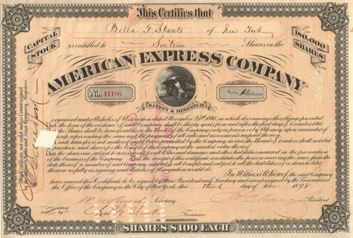 American Express Company Stock Certificate 1898 - James Fargo signed